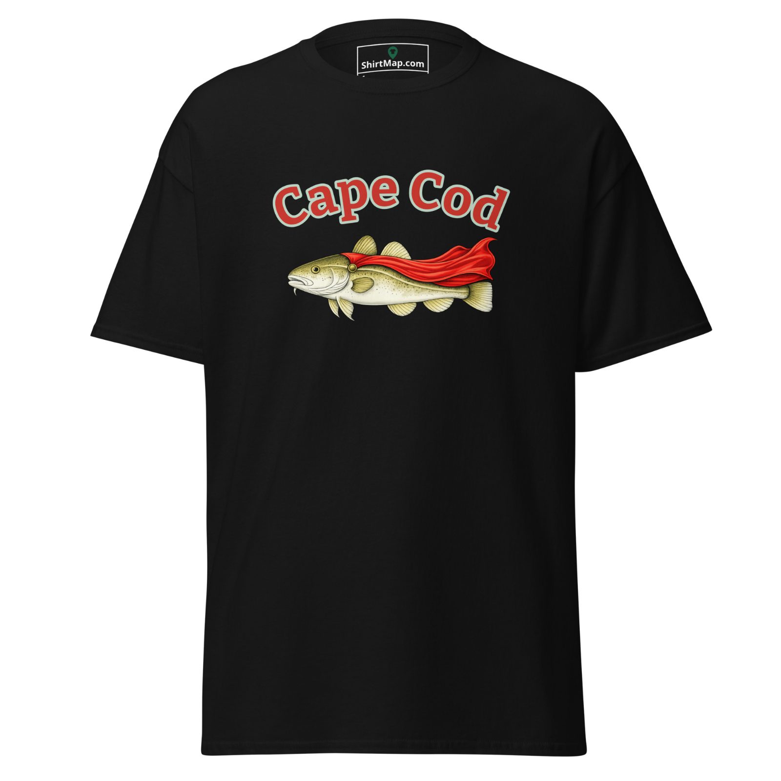 Cape Cod t-shirt, A Caped Cod super hero fish with a red cape